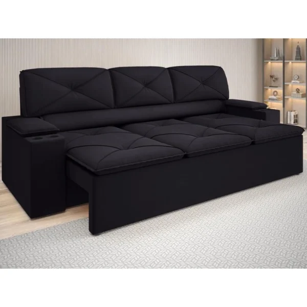 Sofá com Porta Copos Retrátil e Reclinável Pop 2,05m Velosuede Preto – netsofas