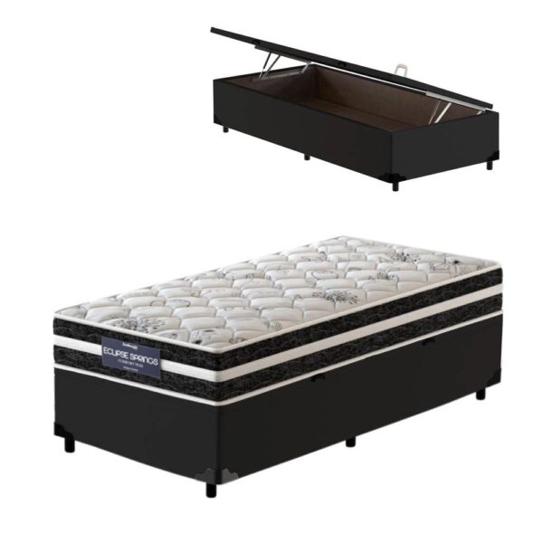 Cama Box Baú Solteiro King Preta + Colchão Molas Ensacadas – Probel – Eclipse Springs 96x203x62cm