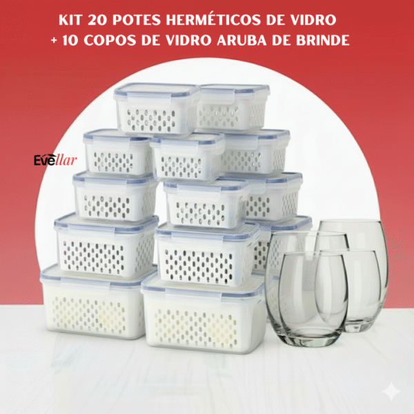 Kit de 20 Potes Herméticos de Vidro + BRINDE: 10 Copos de Vidro Aruba